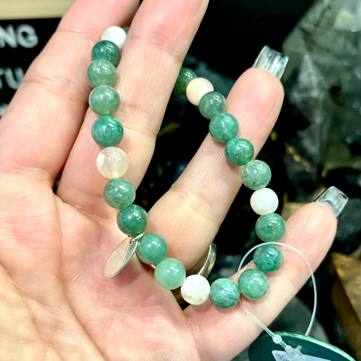 Green flower agate タワーセット  C Green Aventurine and Flower Agate Stackable Stretch Bracelet