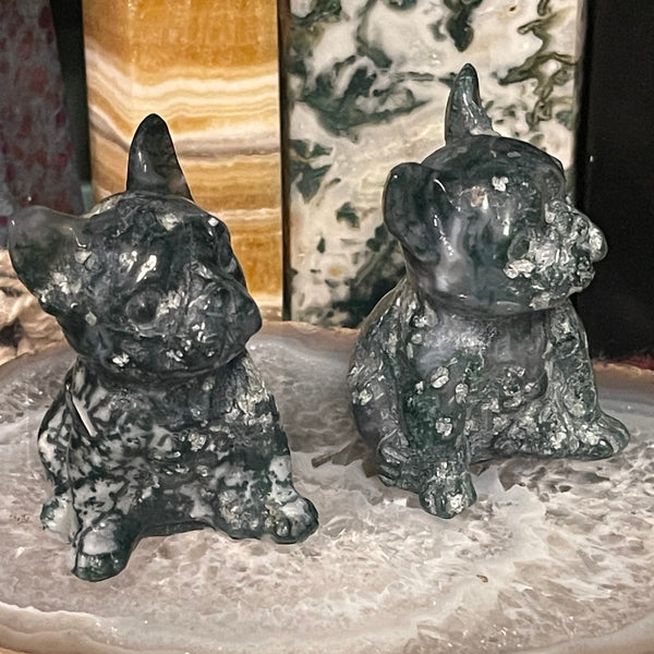 Moss Agate Frenchie Bulldog Carving