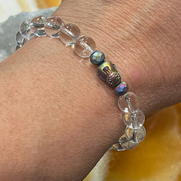 Quartz Crystal 8mm Round Bead Stackable Bracelet with Multicolor Buddha Accent Bead