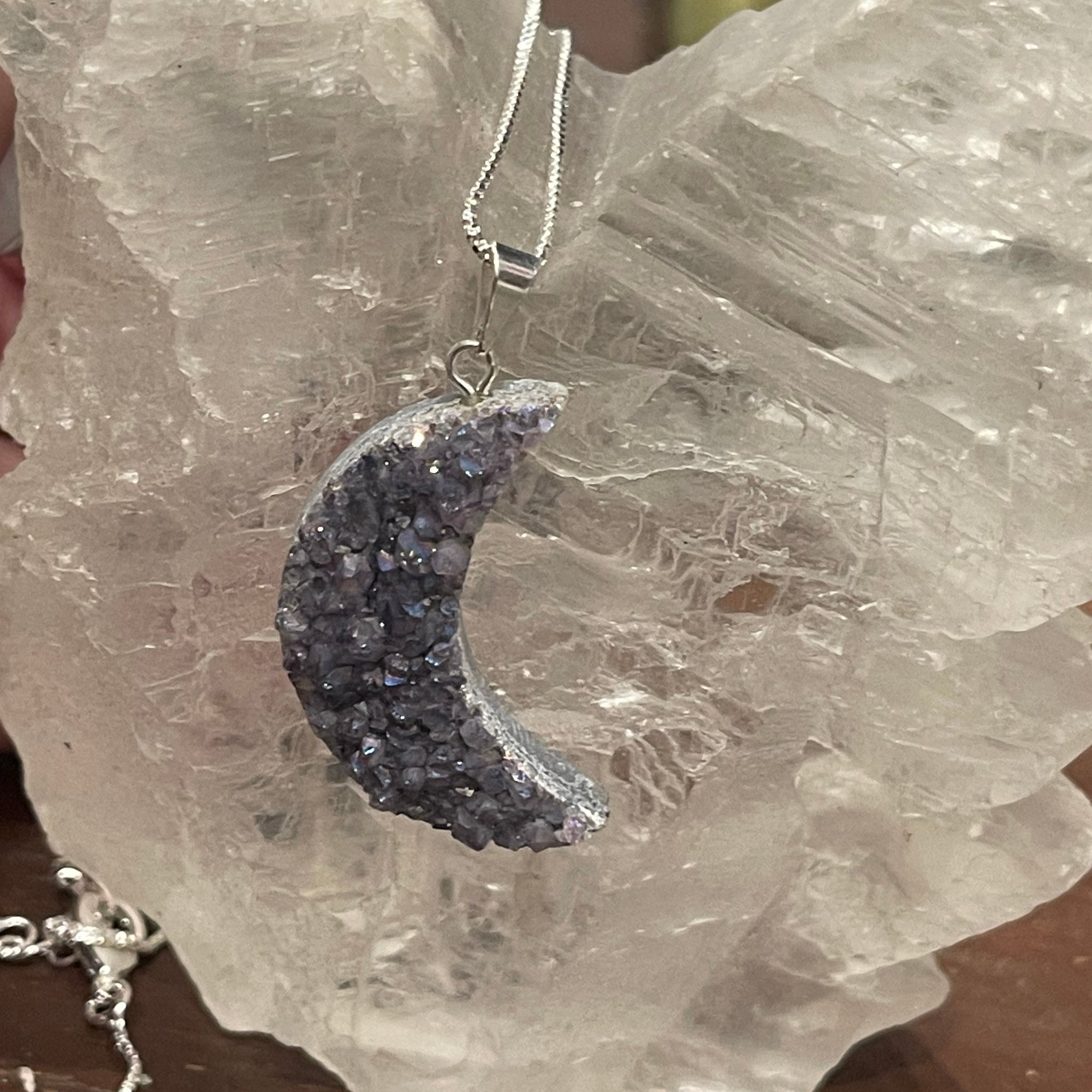 Amethyst Druzy Crescent Moon Silver Necklace