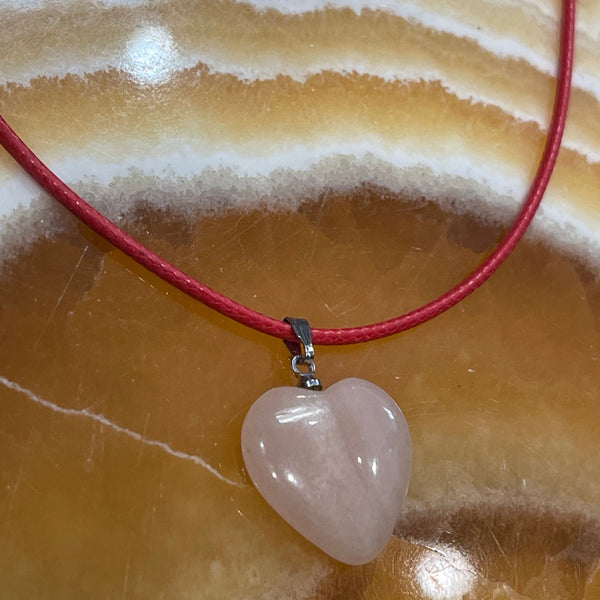 Rose Quartz Heart Pendant Red Leather Cord Necklace