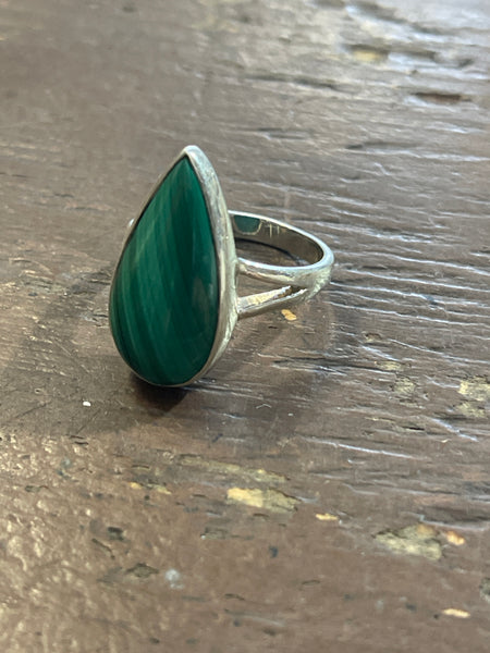 Malachite Teardrop Cut Size 8 Sterling Ring