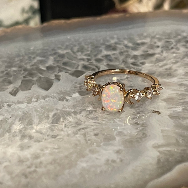 Opal (Simulated) 14k GF Triple Moon Ring