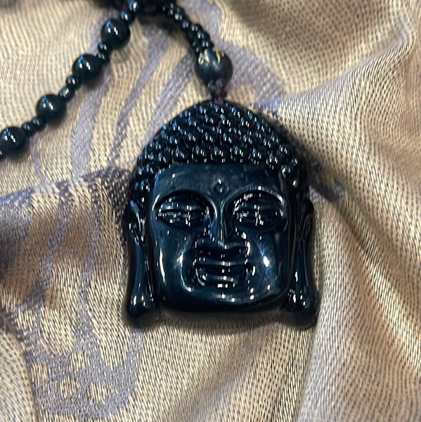 Obsidian Buddha Head Pendant on Polished Finish Adjustable Necklace