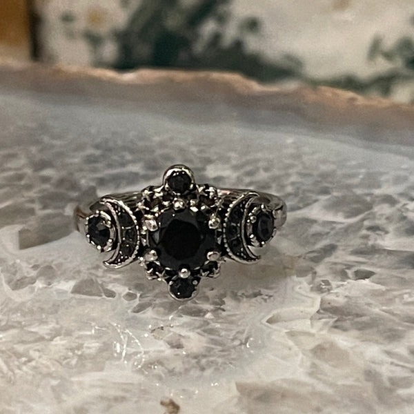 Triple Moon Onyx and Gunmetal Ring