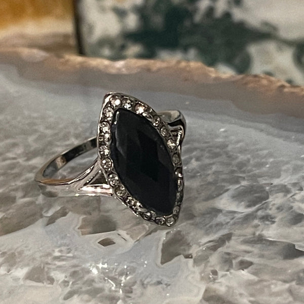 Obsidian Faceted Marquis and Cubic Zirconia Silver Ring