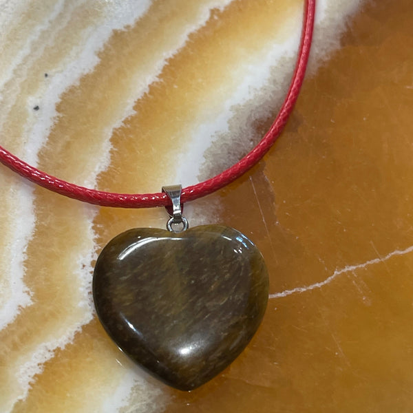 Tiger Eye Heart Pendant Red Leather Cord Necklace