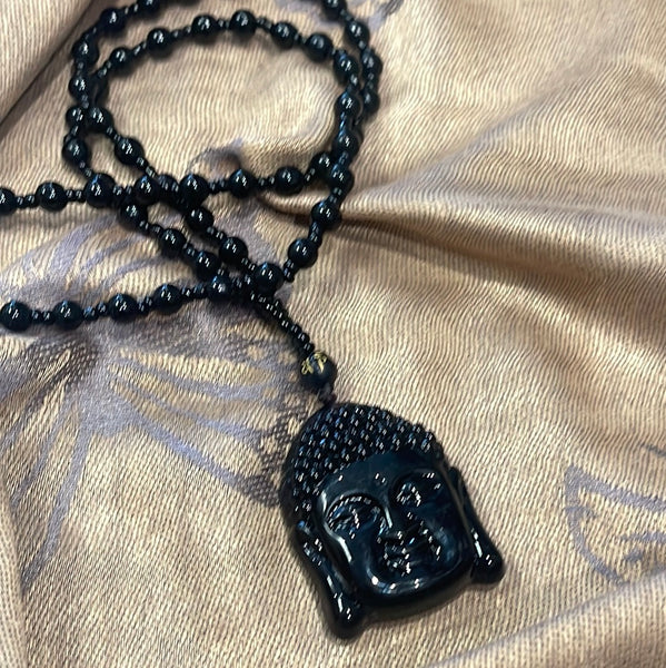 Obsidian Buddha Head Pendant on Polished Finish Adjustable Necklace