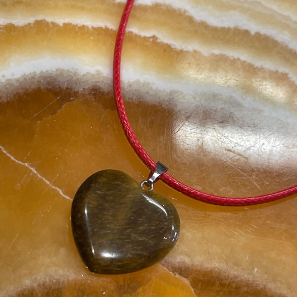 Tiger Eye Heart Pendant Red Leather Cord Necklace