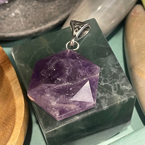 Hexagon Shape Faceted Amethyst Silver Ball Pendant