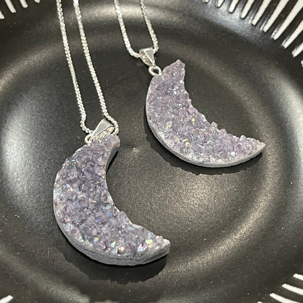 Amethyst Druzy Crescent Moon Silver Necklace