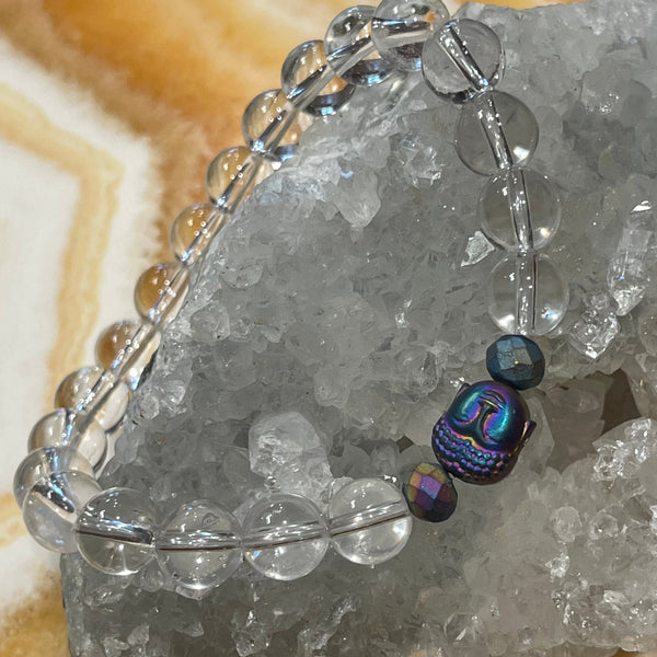 Quartz Crystal 8mm Round Bead Stackable Bracelet with Multicolor Buddha Accent Bead