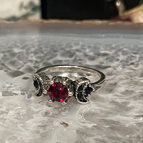 Garnet and Silver Triple Moon Ring