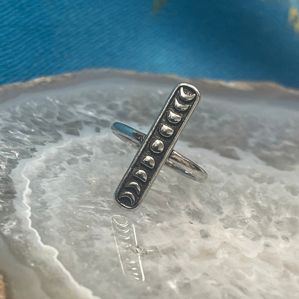 Moon Phase Vertical Bar Silver Finish Ring