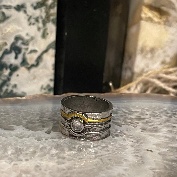 Sun and Moon Two Tone Silver Finish Wide Band Ring