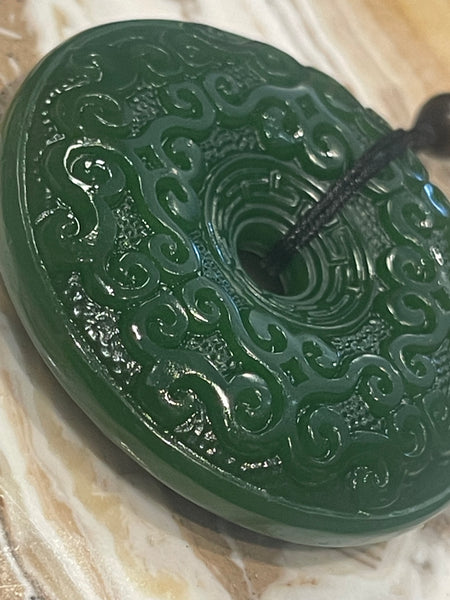 Jade Donut Intricately Carved Pendant Necklace