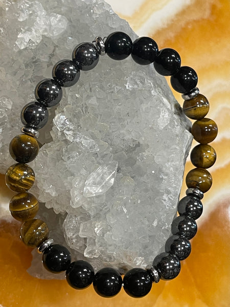 Obsidian, Tiger Eye & Hematite 8 inch Stackable Stretch Bracelet