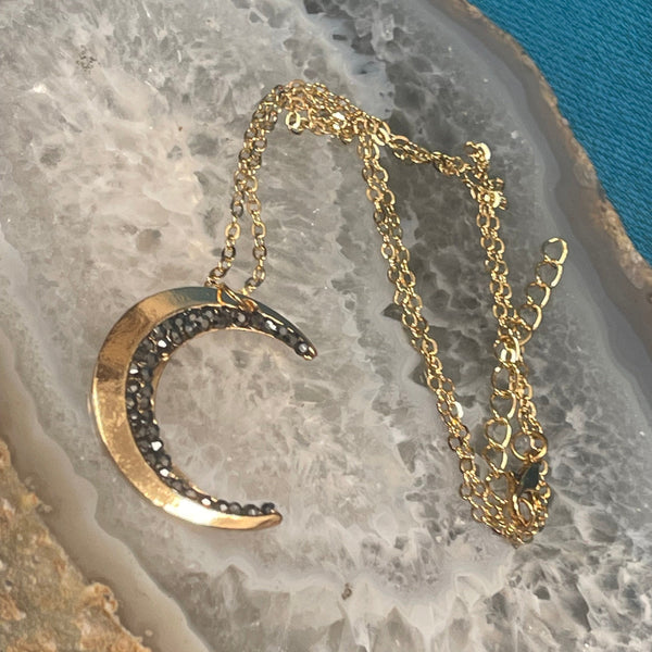 Crescent Moon Gold Finish Crystal Inlaid Pendant Necklace