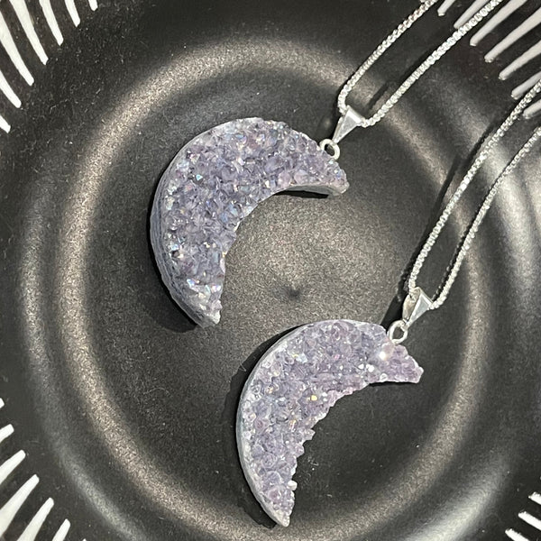 Aura Amethyst Crescent Moon Pendant Silver Necklace