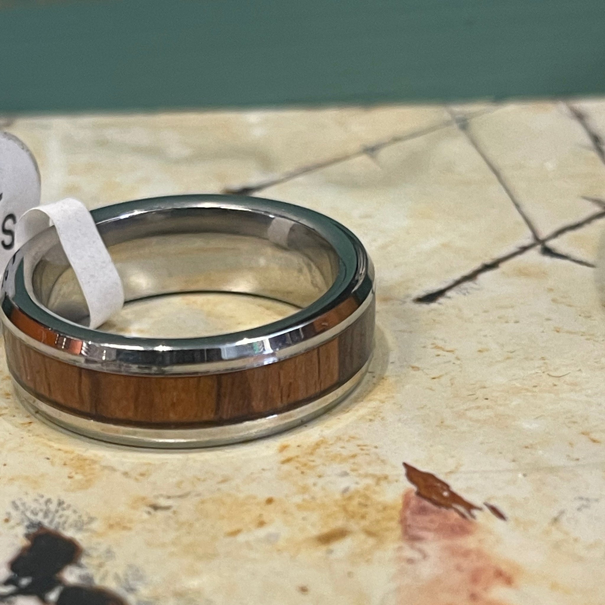 Mahogany Inlay Stainless Steel Band Ring (sz13)