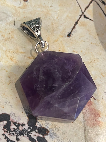 Hexagon Shape Faceted Amethyst Silver Ball Pendant