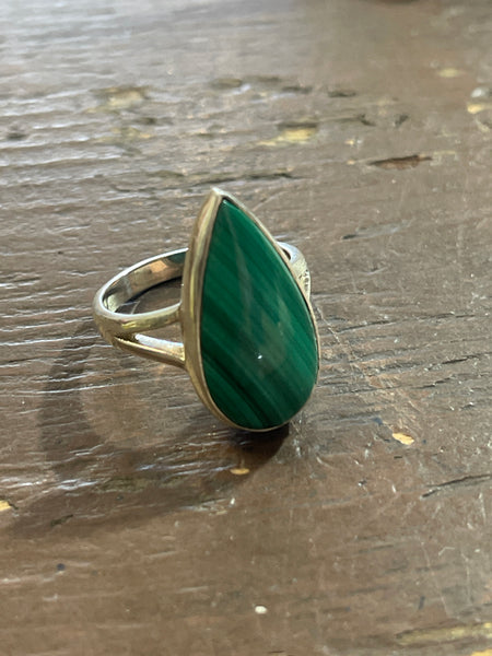 Malachite Teardrop Cut Size 8 Sterling Ring