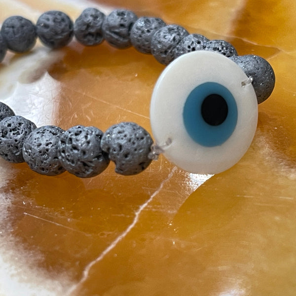 Evil Eye Mother of Pearl and Silver Lava 8mm Bead Stackable Stretch Bracelet