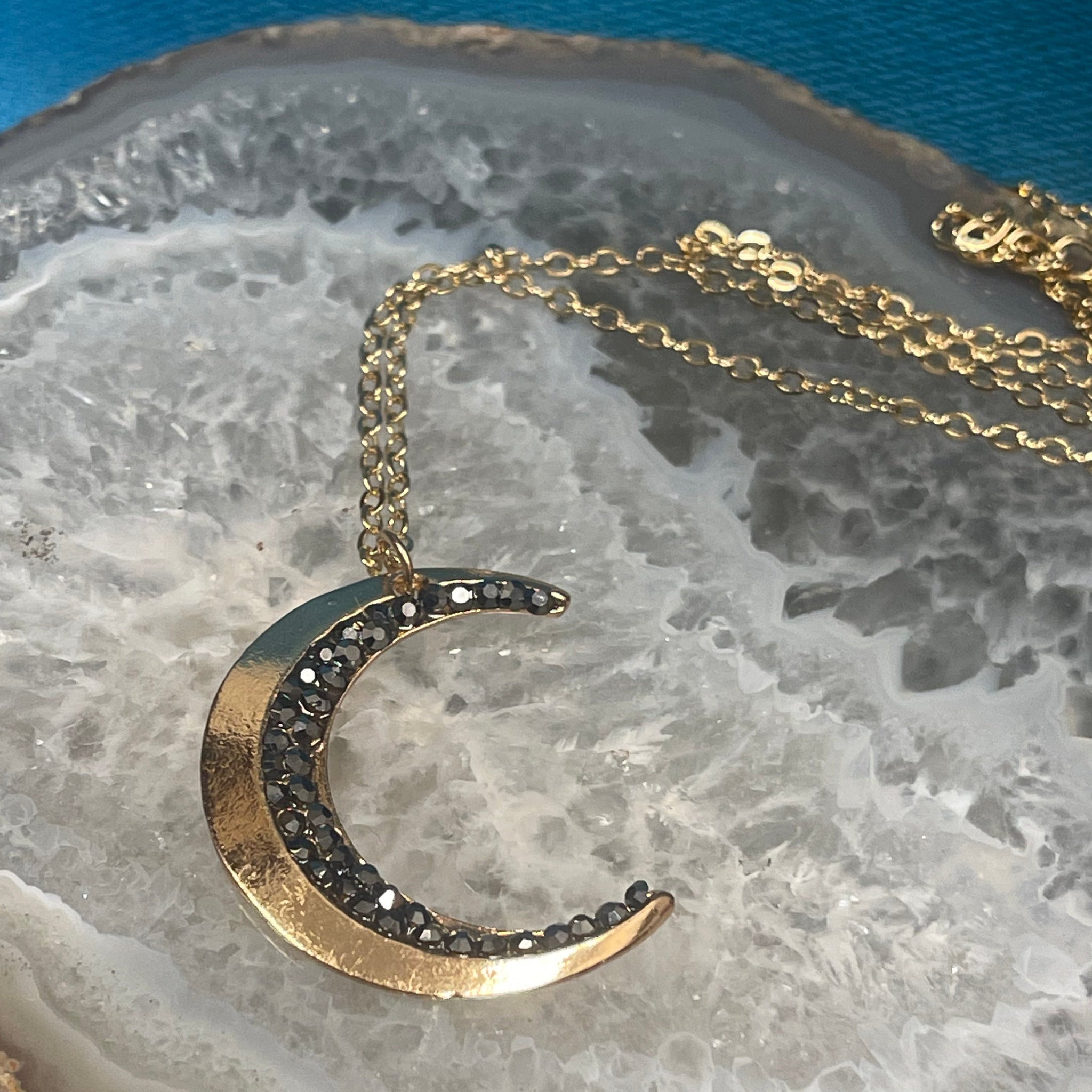 Crescent Moon Gold Finish Crystal Inlaid Pendant Necklace