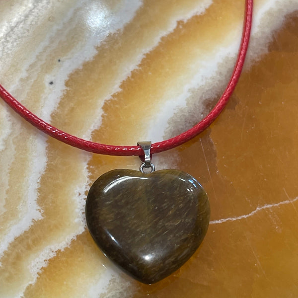 Tiger Eye Heart Pendant Red Leather Cord Necklace