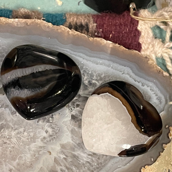 Banded Black Agate with Quartz Carved Heart 1.75 Inch
