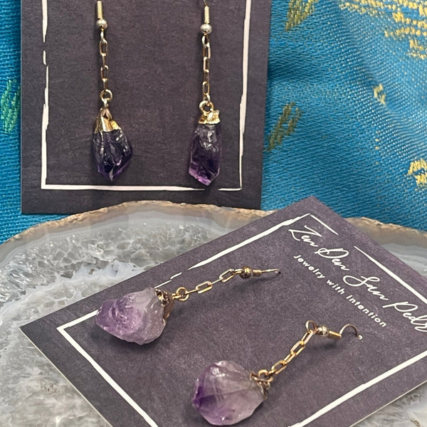 Amethyst Freeform Dangle Gold finish Electroform Earrings