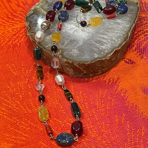 Multi Gemstone Asymmetrical 30 inch Wire Wrapped Link Necklace