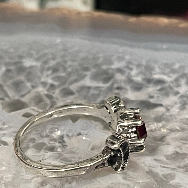 Garnet and Silver Triple Moon Ring