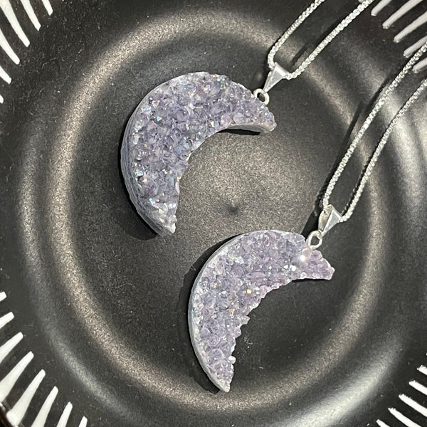 Amethyst Druzy Crescent Moon Silver Necklace