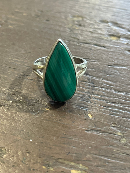 Malachite Teardrop Cut Size 8 Sterling Ring