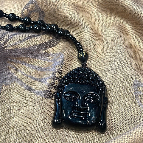 Obsidian Buddha Head Pendant on Polished Finish Adjustable Necklace