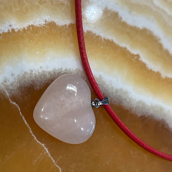 Rose Quartz Heart Pendant Red Leather Cord Necklace