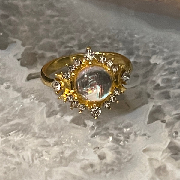 Crystal and Cubic Zirconia Sunburst Gazing Ring with Gold Finish