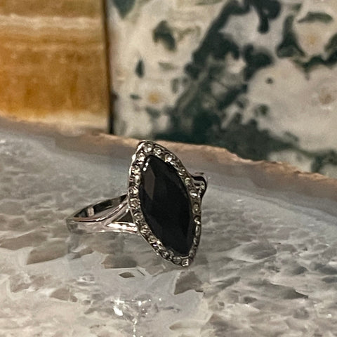 Obsidian Faceted Marquis and Cubic Zirconia Silver Ring