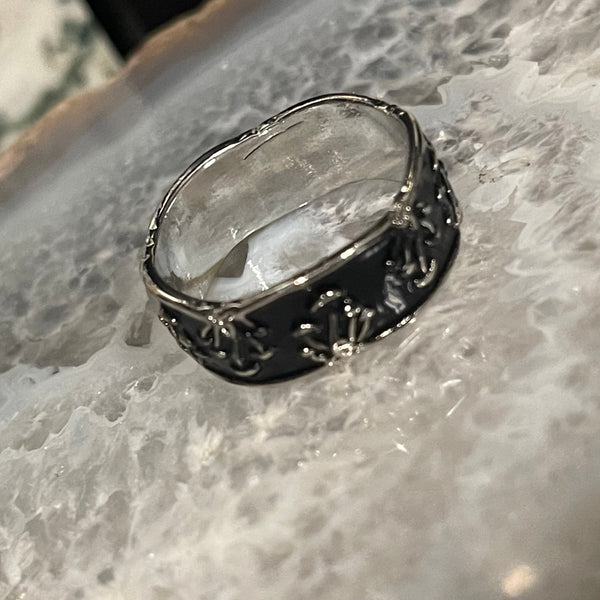 Mushroom Black Enamel Silver Band Ring