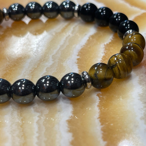 Obsidian, Tiger Eye & Hematite 8 inch Stackable Stretch Bracelet