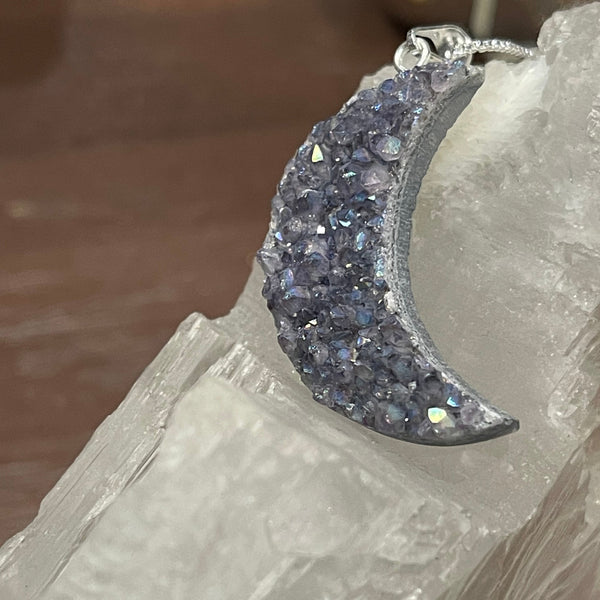 Amethyst Druzy Crescent Moon Silver Necklace