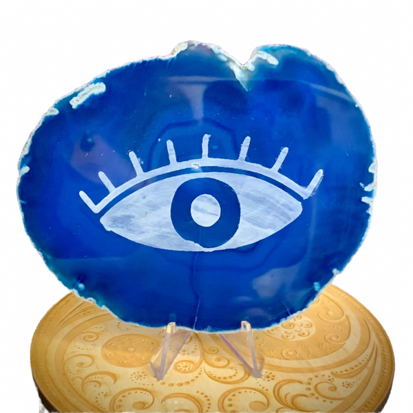 Evil Eye Etched Banded Agate Slab with Stand