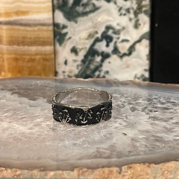 Mushroom Black Enamel Silver Band Ring