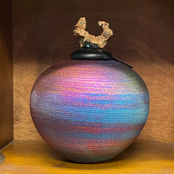 Raku Glazed Dream Jar with Copper Adornment by Artist Jeremy Diller