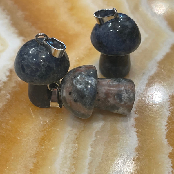 Mini Mushroom Silver Finish Bail Pendant in Sodalite, Amethyst or Rose Quartz