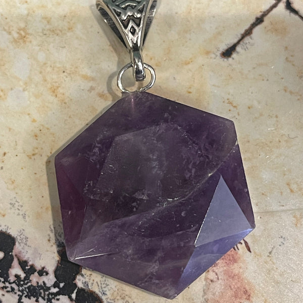 Hexagon Shape Faceted Amethyst Silver Ball Pendant