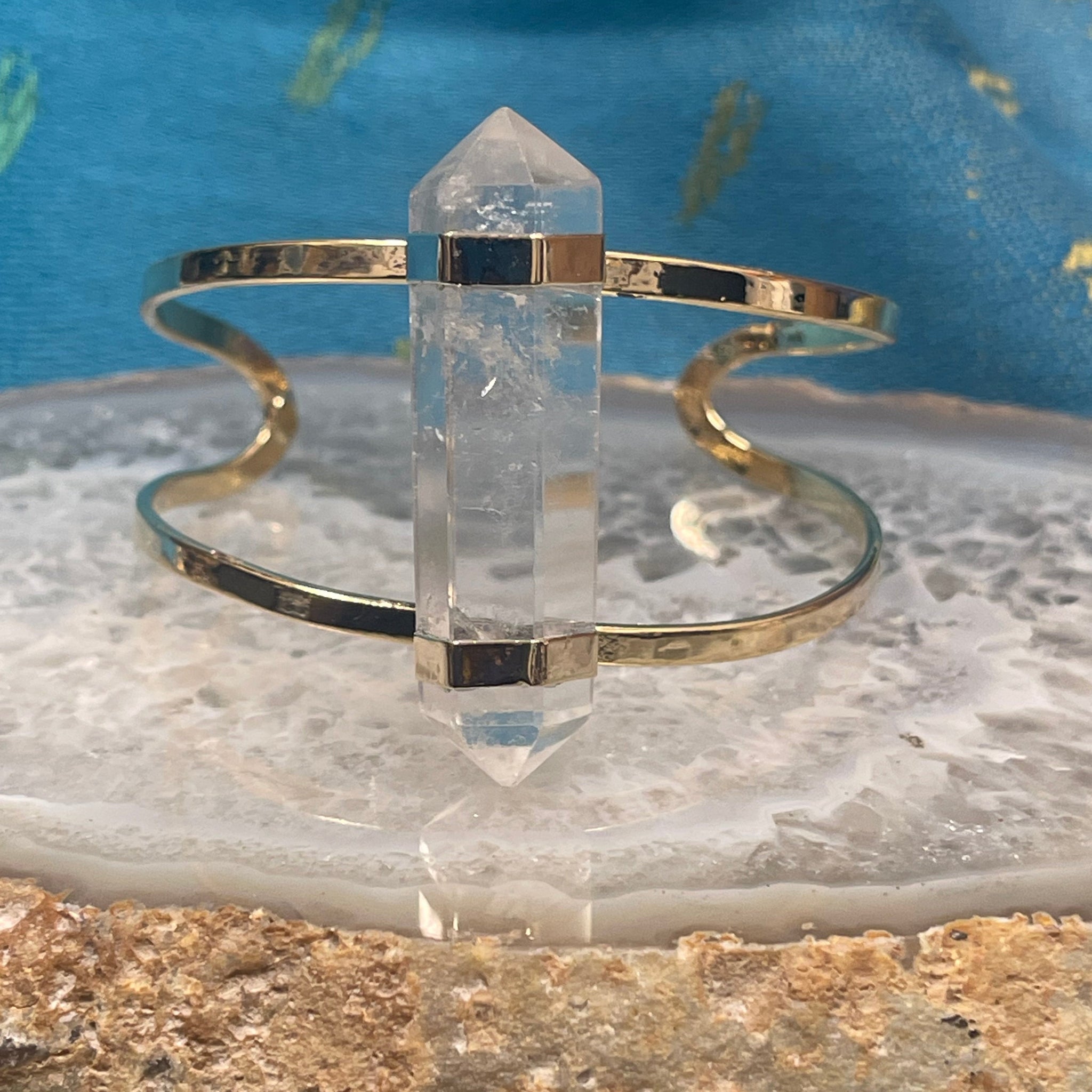 Quartz Crystal Double Terminated Stone Gold finish Cuff Style Bracelet