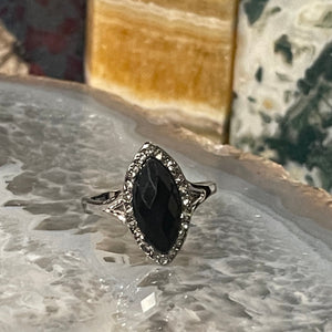Obsidian Faceted Marquis and Cubic Zirconia Silver Ring