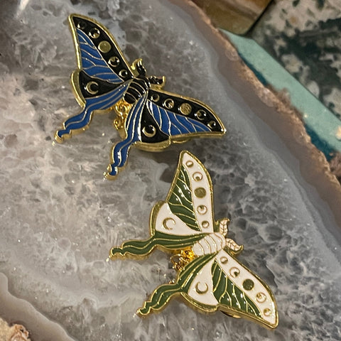 Lunar Moth Enamel Pin with Hanging Moon